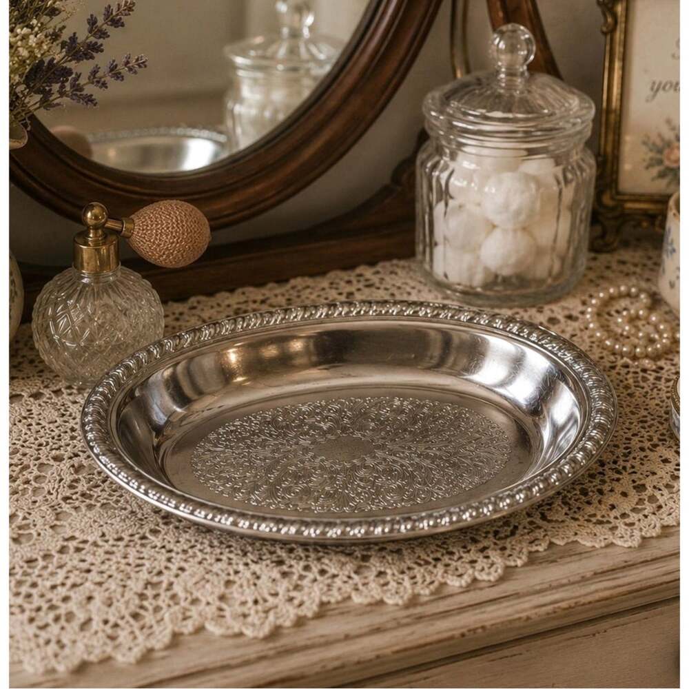Vintage Silverplate Oval Serving Tray Engraved Center Rope Edge Gallery Platter